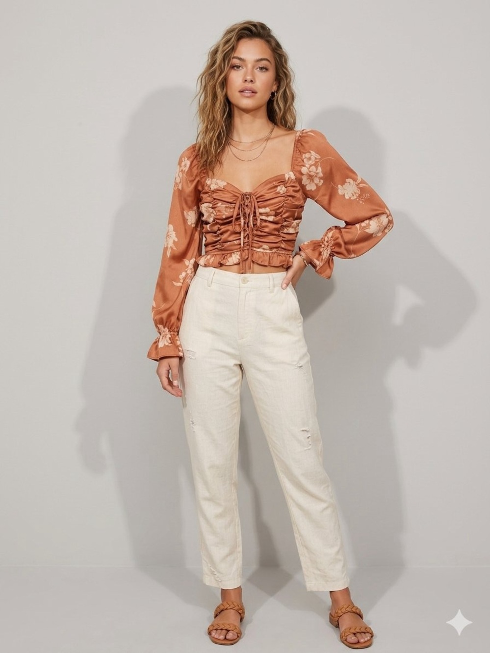 privy Rust Floral Satin Ruched Tie-Front Crop Top